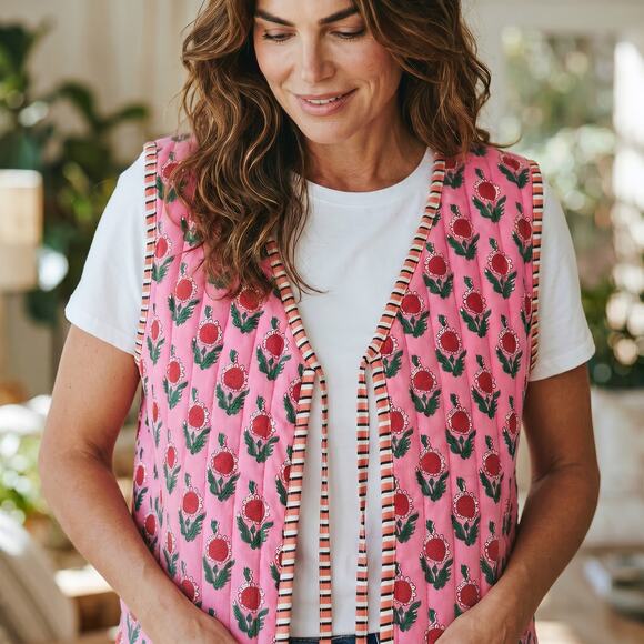 Other Jackets & Blazers - Womens Vest Size Medium Pink Floral Retro Quilt Look Unique Fun Flowers Casual